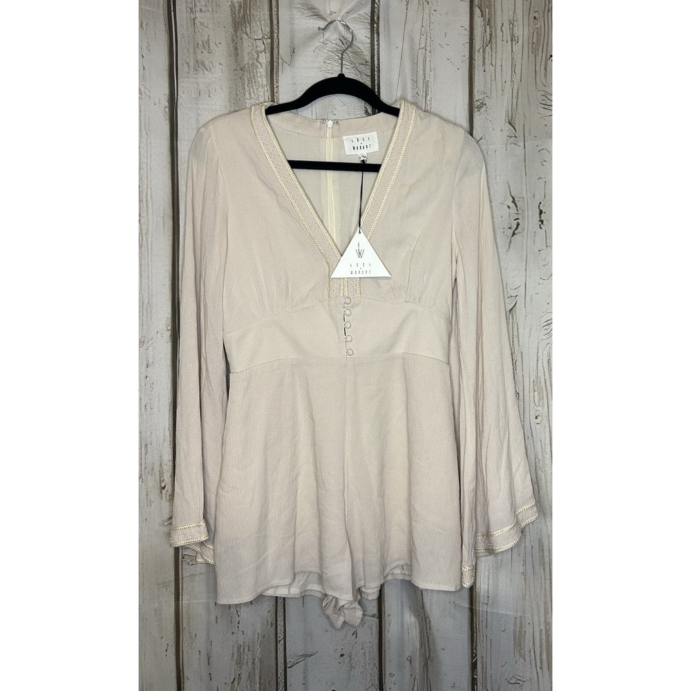 NWT Lost + Wander Boho Long Sleeve Shorts Romper Beaded Cream Sz M Festival
